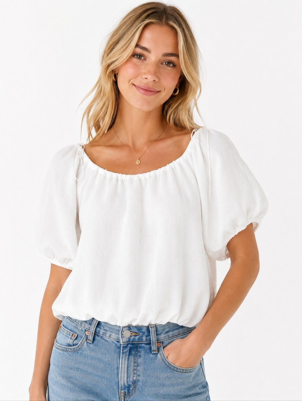 Moon River White Puff Sleeve Bubble Hem Top XS Cottagecore Peasant Blouse